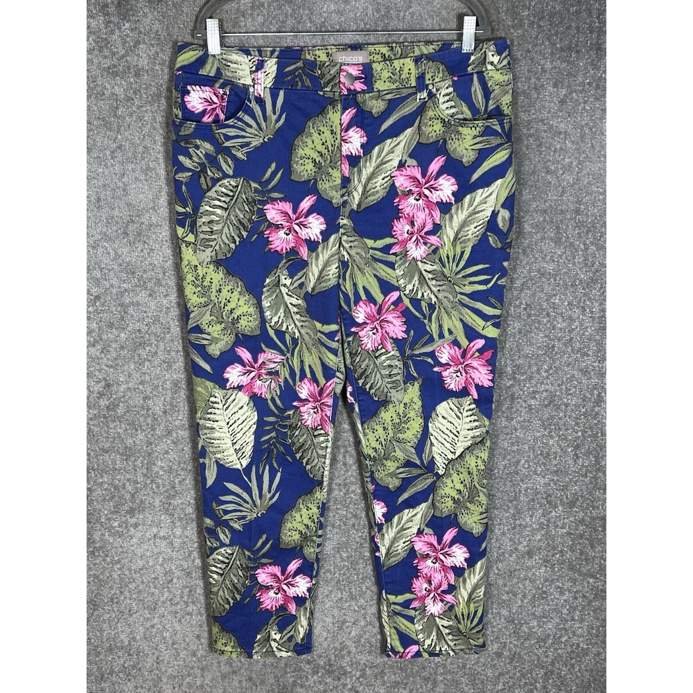 Chicos Tropical Floral Ankle Jeans Womens 2.5 US Size 14 Blue Pink Green Pockets